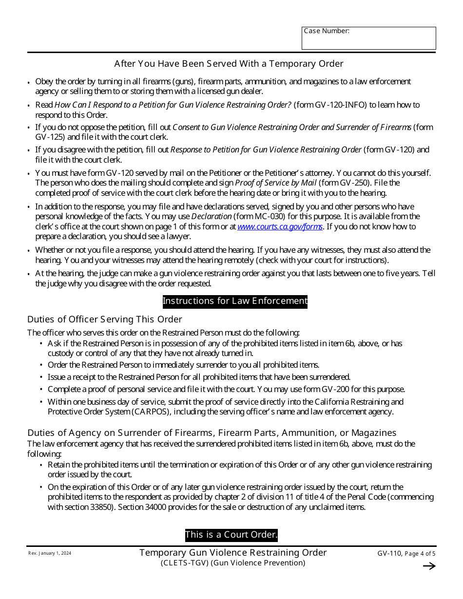 Form GV-110 Temporary Gun Violence Restraining Order - California, Page 4