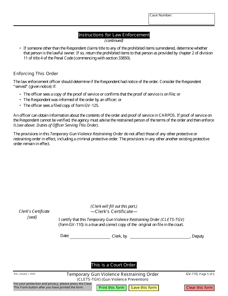 Form GV-110 Temporary Gun Violence Restraining Order - California, Page 5