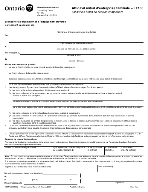 Forme LT100 (1204F) Affidavit Initial D'entreprise Familiale - Ontario, Canada (French)