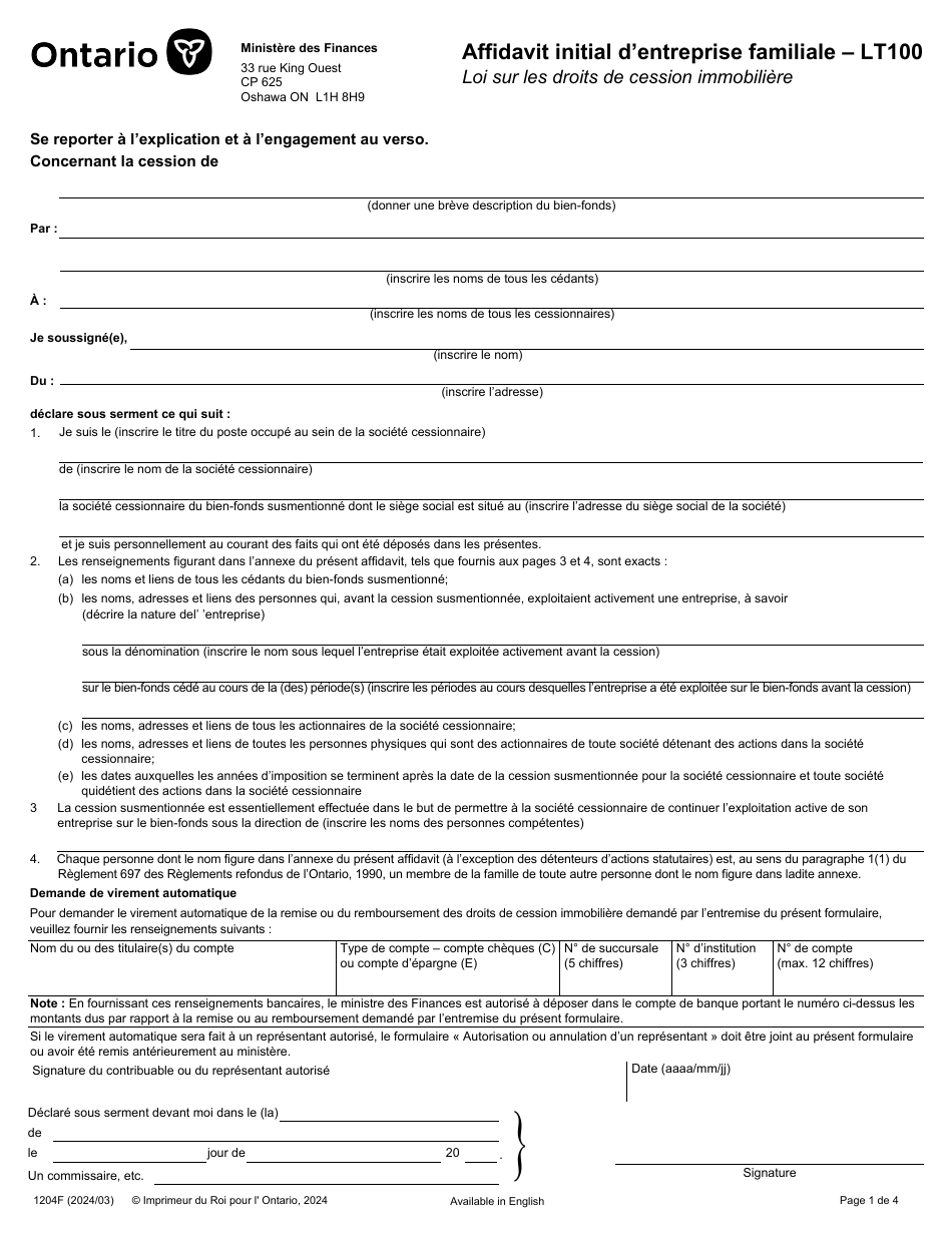 Forme LT100 (1204F) Affidavit Initial Dentreprise Familiale - Ontario, Canada (French), Page 1