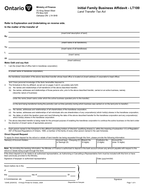 Form LT100 (1204E) Initial Family Business Affidavit - Ontario, Canada
