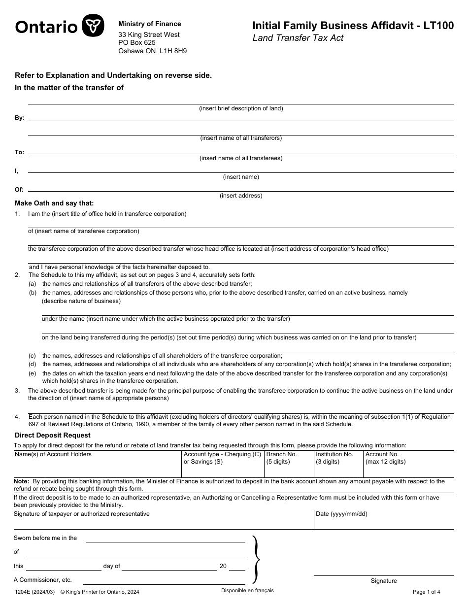 Form LT100 (1204E) Initial Family Business Affidavit - Ontario, Canada, Page 1