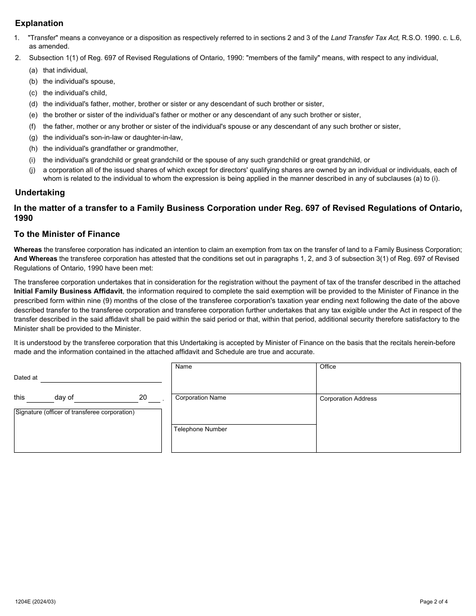Form LT100 (1204E) Initial Family Business Affidavit - Ontario, Canada, Page 2