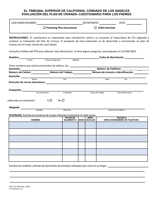 Formulario LASC FCS042S Evaluacion Del Plan De Crianza- Cuestionario Para Los Padres - County of Los Angeles, California (Spanish)