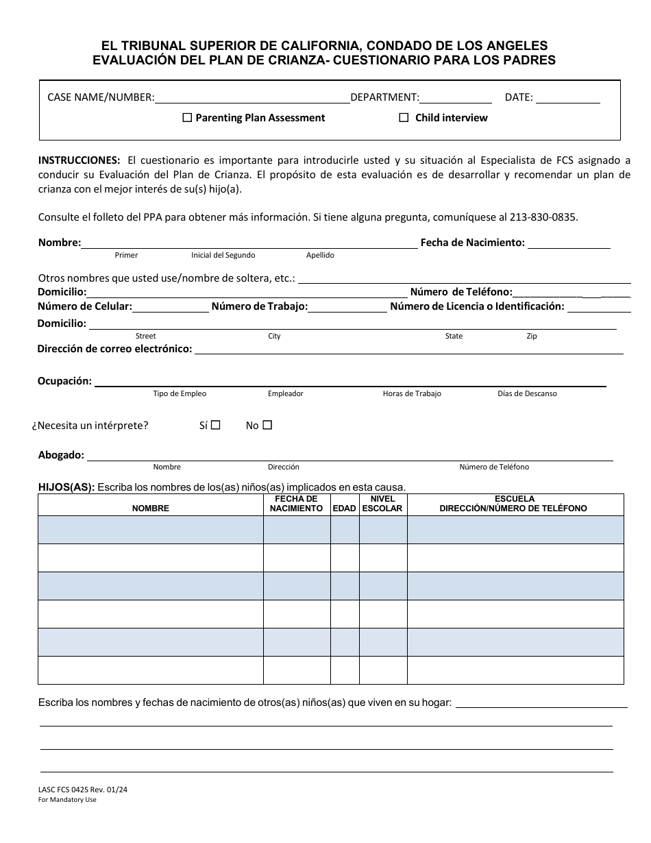Formulario LASC FCS042S Evaluacion Del Plan De Crianza- Cuestionario Para Los Padres - County of Los Angeles, California (Spanish), Page 1