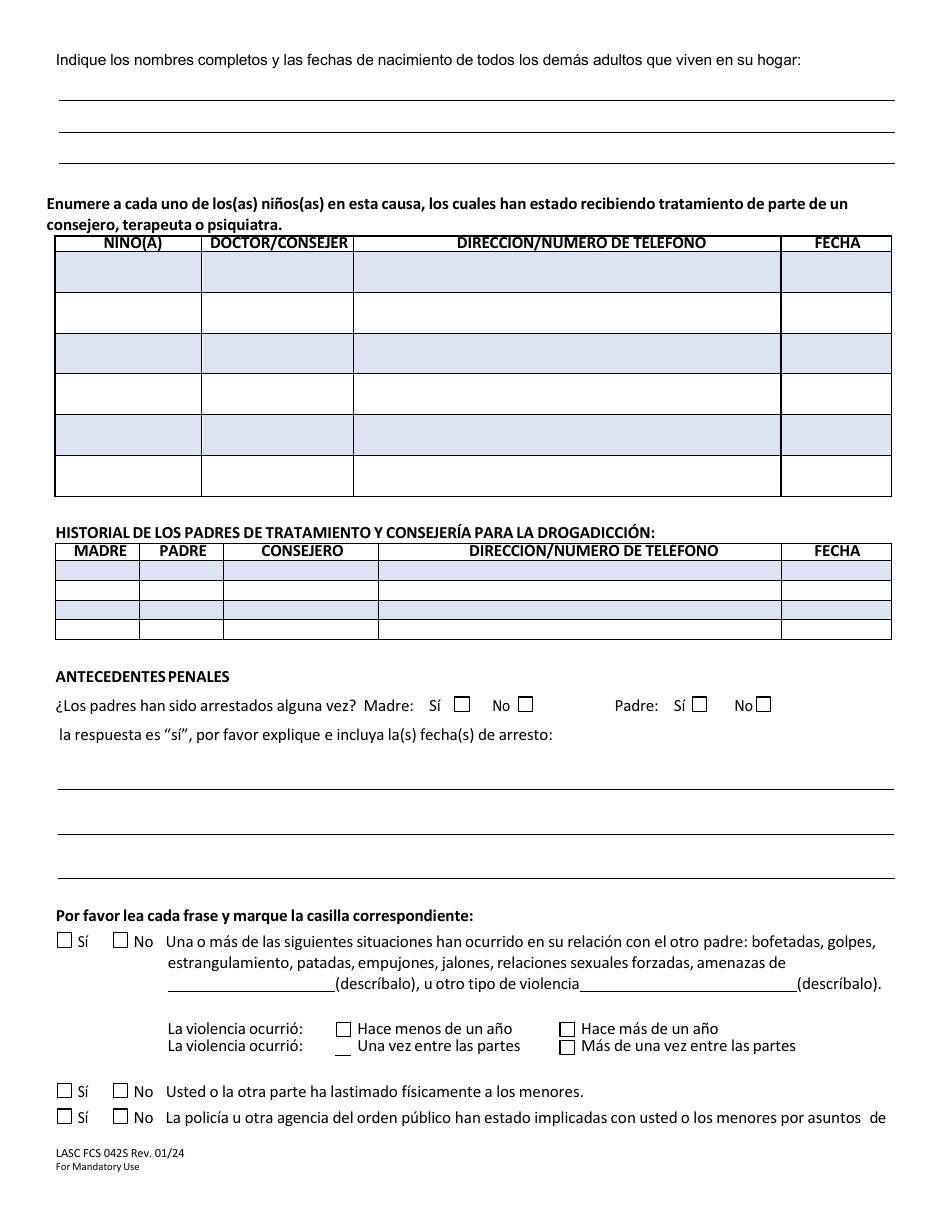Formulario LASC FCS042S Evaluacion Del Plan De Crianza- Cuestionario Para Los Padres - County of Los Angeles, California (Spanish), Page 2