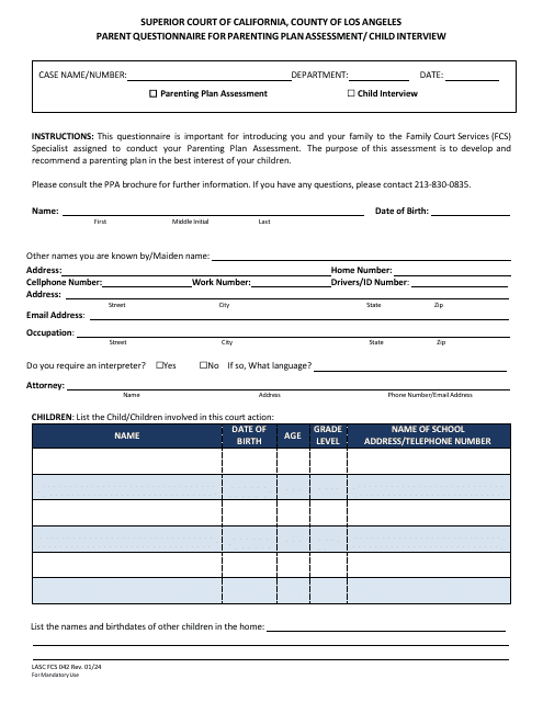 Form LASC FCS042 Parent Questionnaire for Parenting Plan Assessment/Child Interview - County of Los Angeles, California