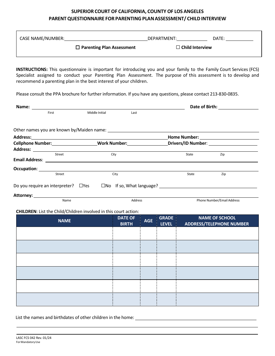 Form LASC FCS042 Parent Questionnaire for Parenting Plan Assessment / Child Interview - County of Los Angeles, California, Page 1