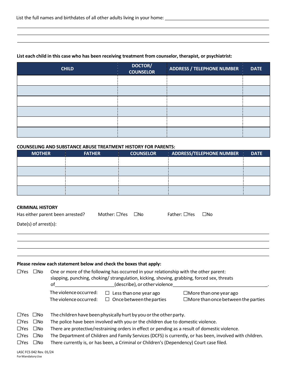 Form LASC FCS042 Parent Questionnaire for Parenting Plan Assessment / Child Interview - County of Los Angeles, California, Page 2