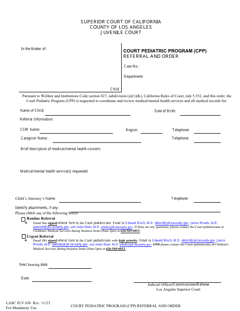 Form JUV036 Referral and Order - Court Pediatric Program (Cpp) - County of Los Angeles, California