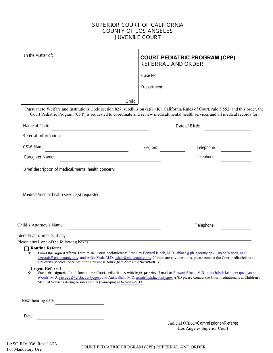 Form JUV036 Referral and Order - Court Pediatric Program (Cpp) - County of Los Angeles, California, Page 1