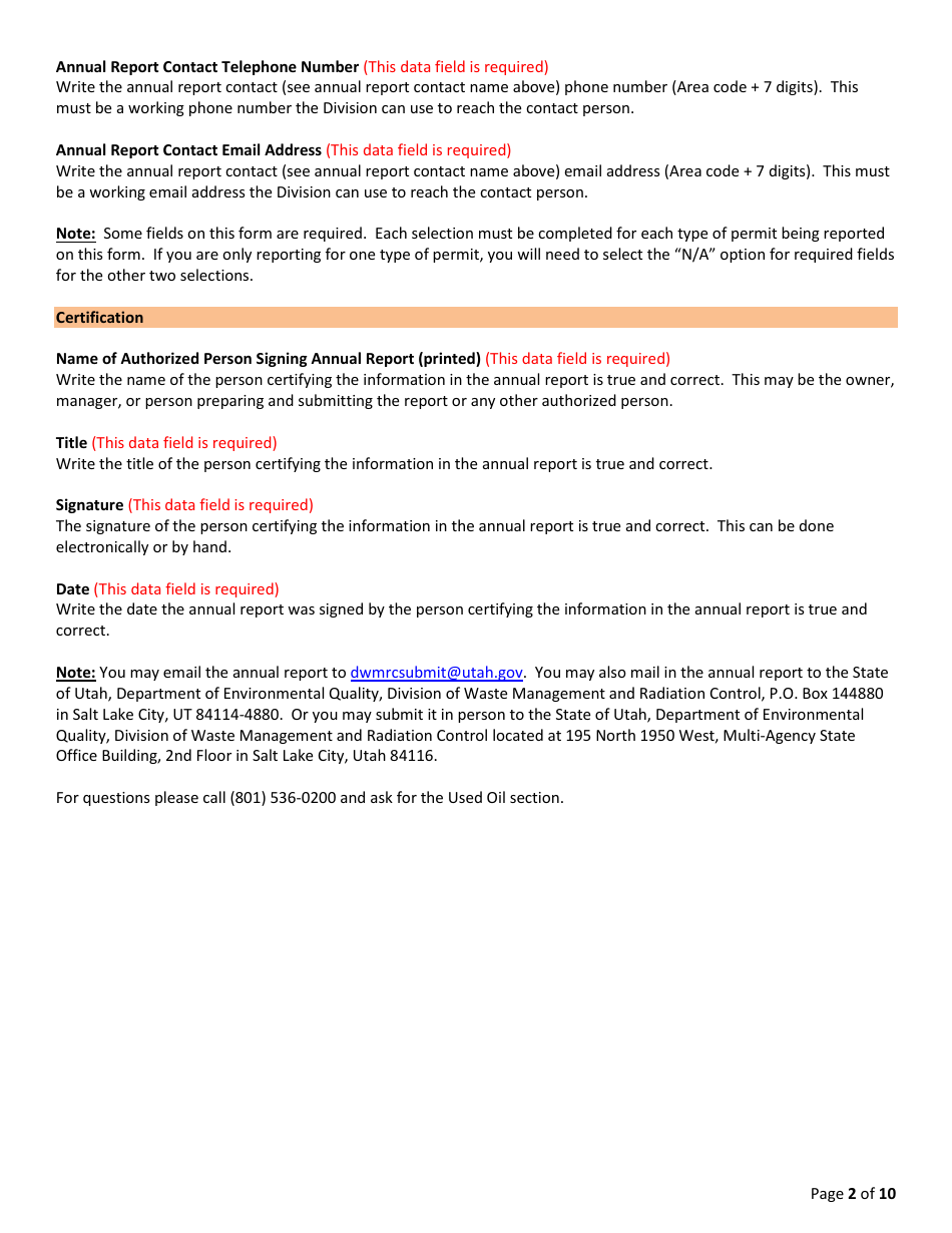 Instructions for Used Oil Annual Report - Utah, Page 2