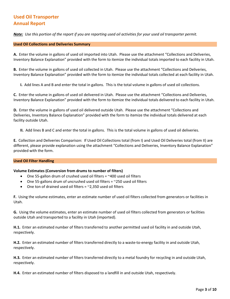 Instructions for Used Oil Annual Report - Utah, Page 3