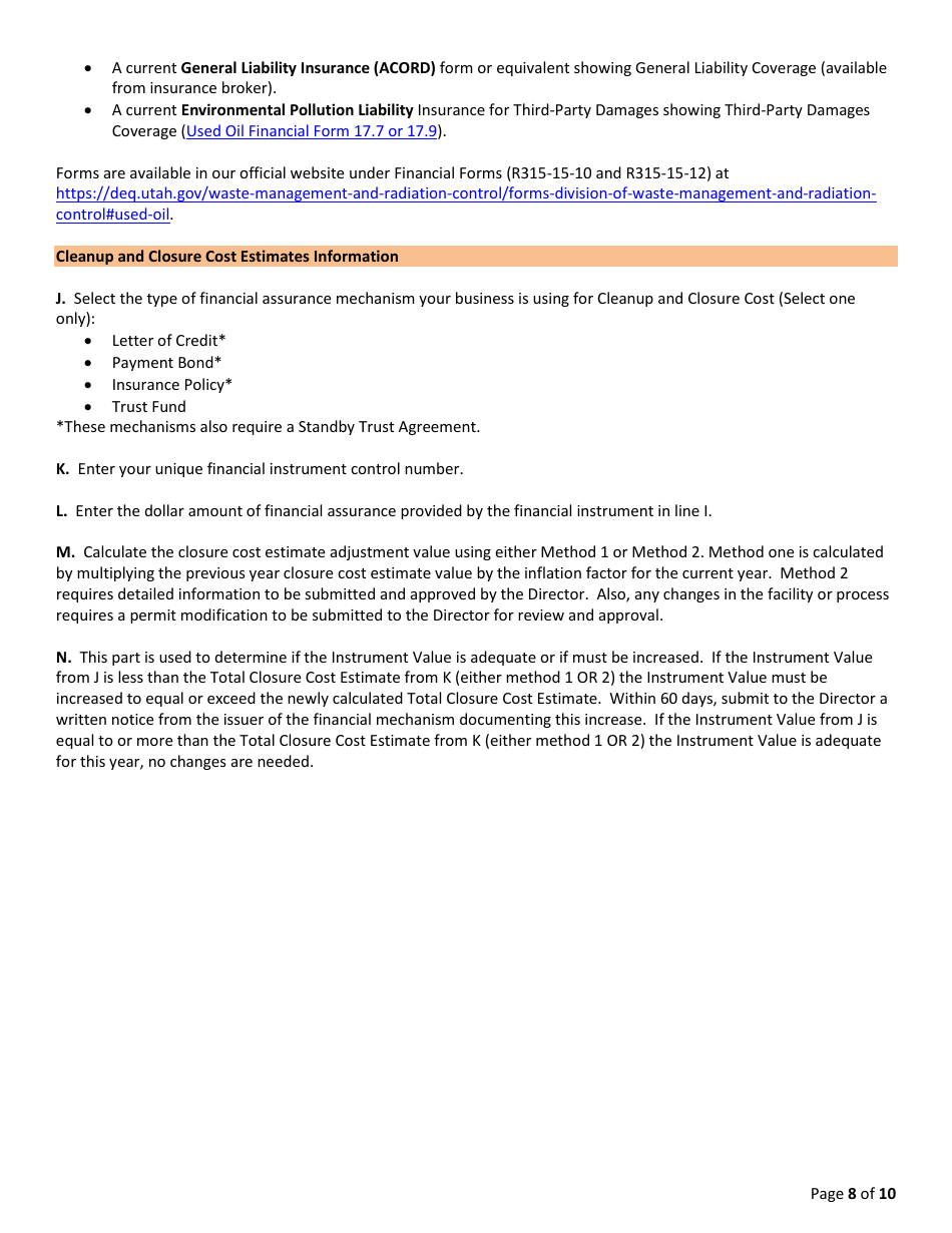 Instructions for Used Oil Annual Report - Utah, Page 8