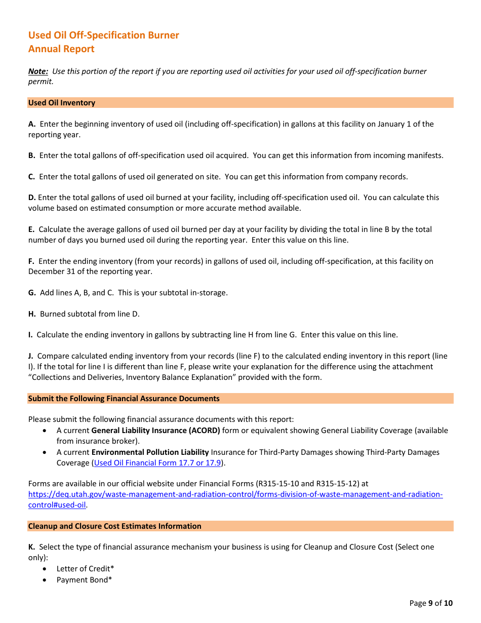 Instructions for Used Oil Annual Report - Utah, Page 9