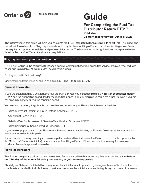 Instructions for Form FT817 Fuel Tax Distributor Return - Ontario, Canada