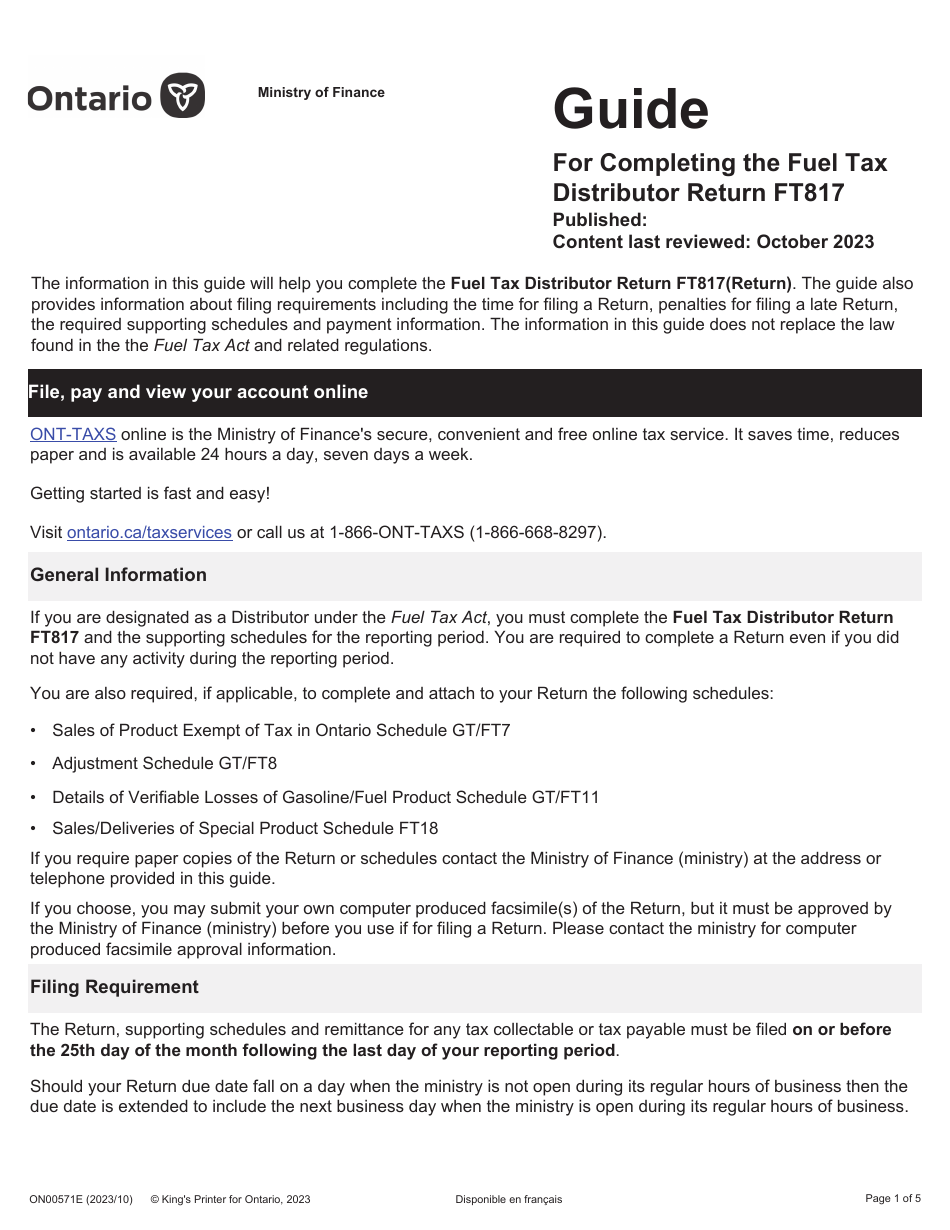 Instructions for Form FT817 Fuel Tax Distributor Return - Ontario, Canada, Page 1