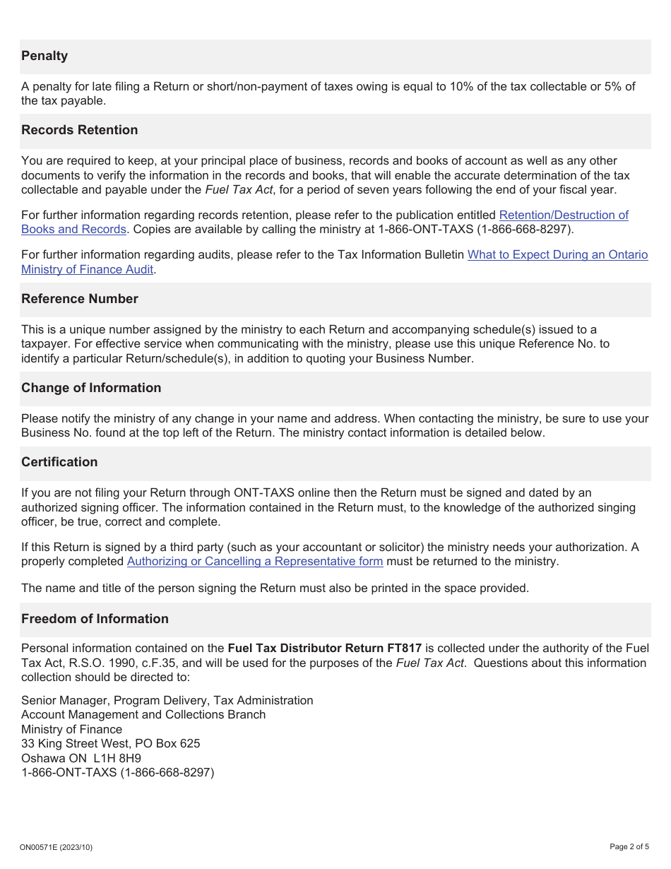Instructions for Form FT817 Fuel Tax Distributor Return - Ontario, Canada, Page 2
