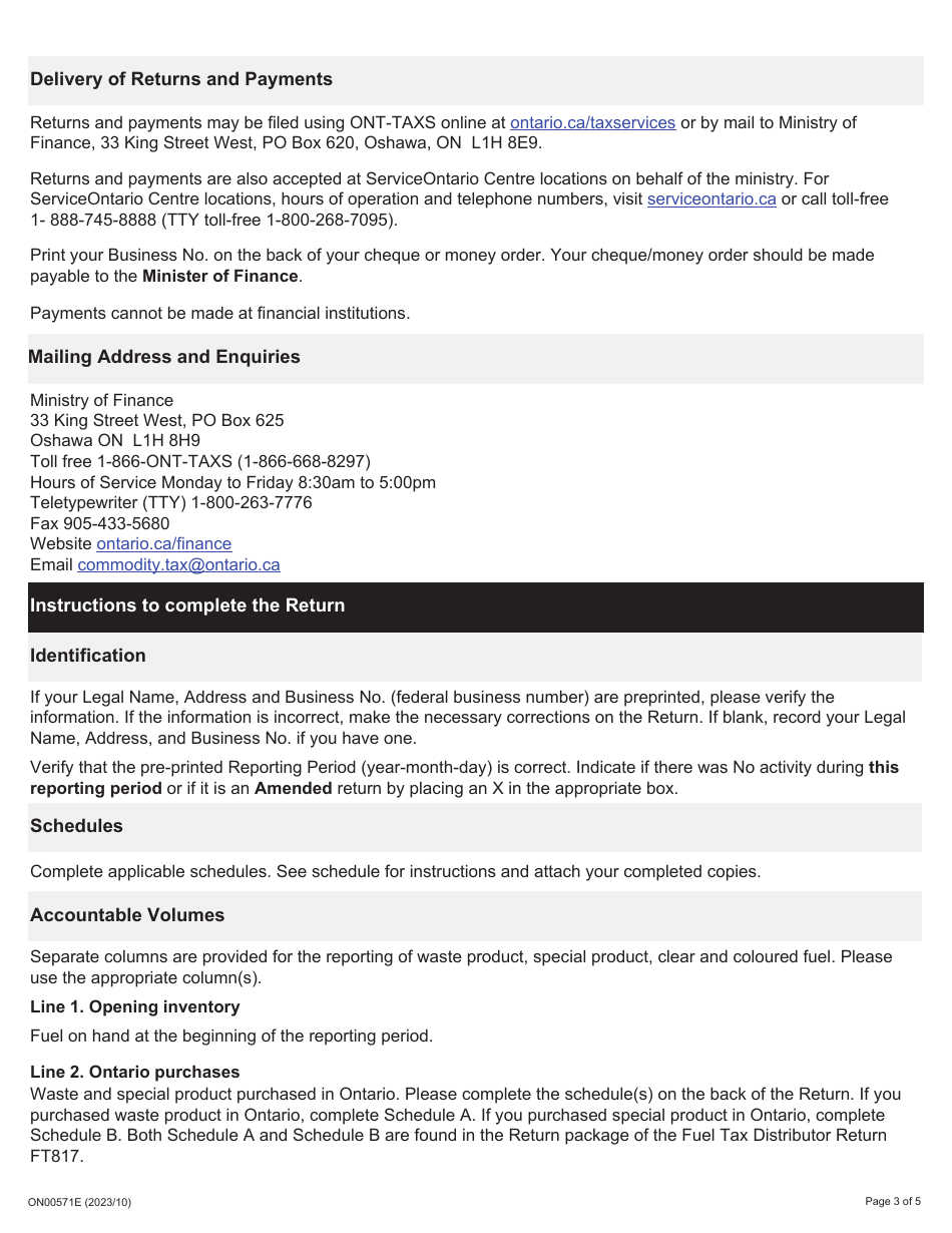 Instructions for Form FT817 Fuel Tax Distributor Return - Ontario, Canada, Page 3