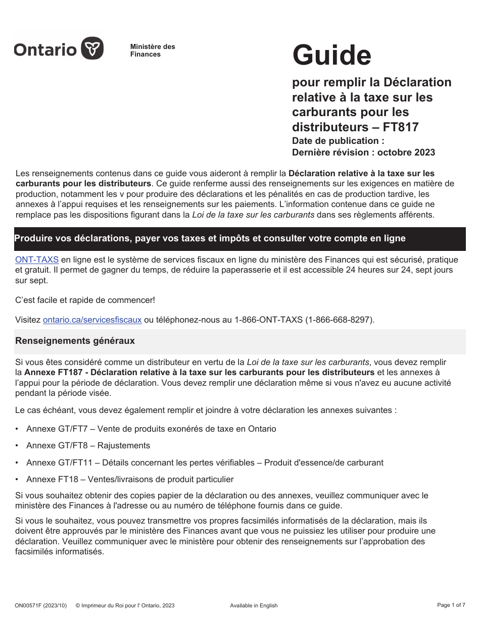 Instruction pour Forme FT817, ON00571F Declaration Relative a La Taxe Sur Les Carburants Pour Les Distributeurs - Ontario, Canada (French), Page 1