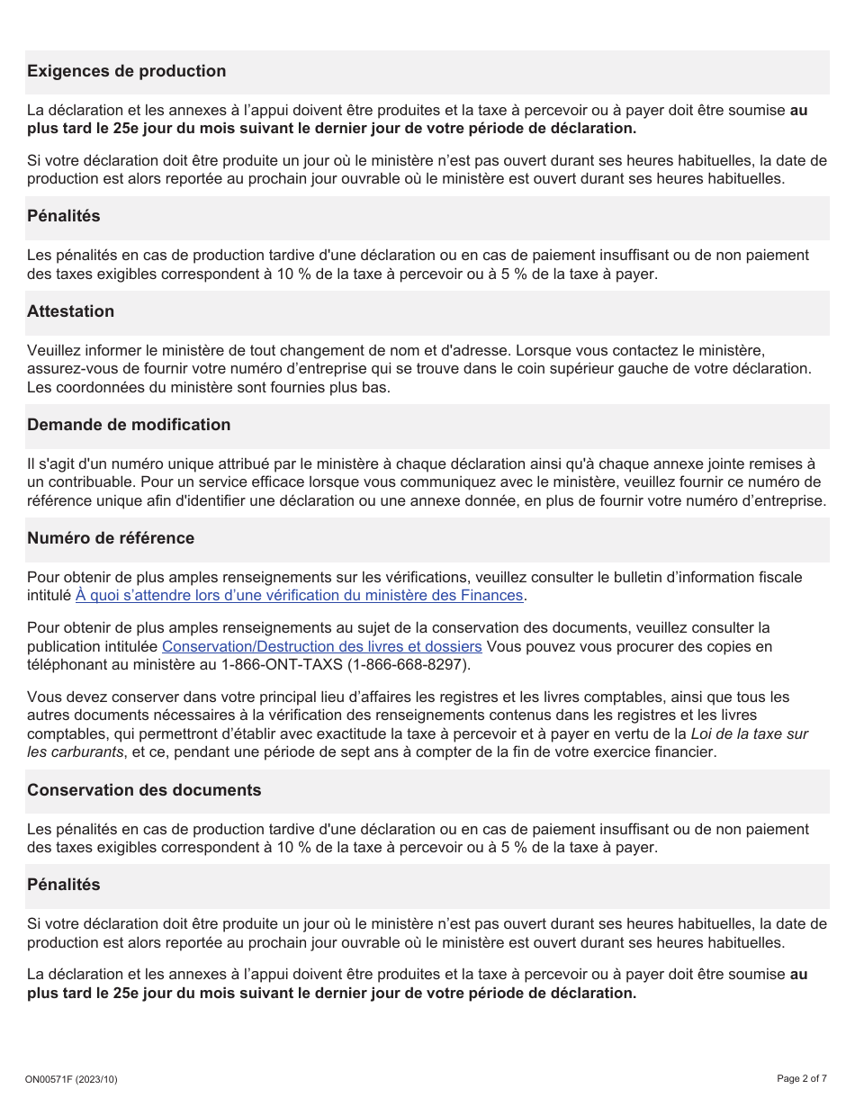 Instruction pour Forme FT817, ON00571F Declaration Relative a La Taxe Sur Les Carburants Pour Les Distributeurs - Ontario, Canada (French), Page 2