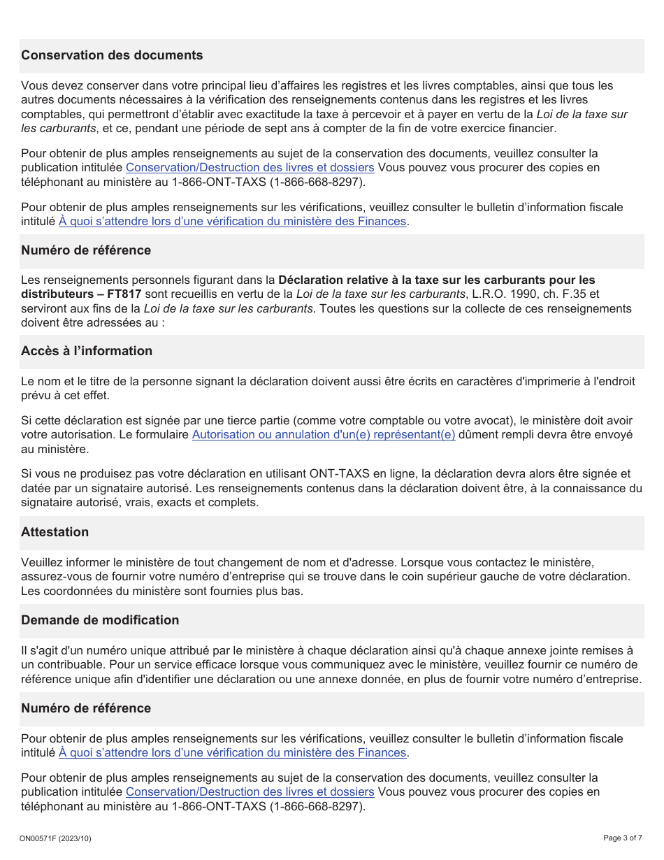 Instruction pour Forme FT817, ON00571F Declaration Relative a La Taxe Sur Les Carburants Pour Les Distributeurs - Ontario, Canada (French), Page 3