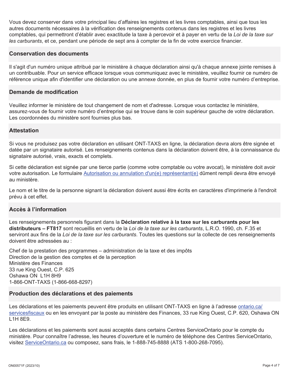 Instruction pour Forme FT817, ON00571F Declaration Relative a La Taxe Sur Les Carburants Pour Les Distributeurs - Ontario, Canada (French), Page 4