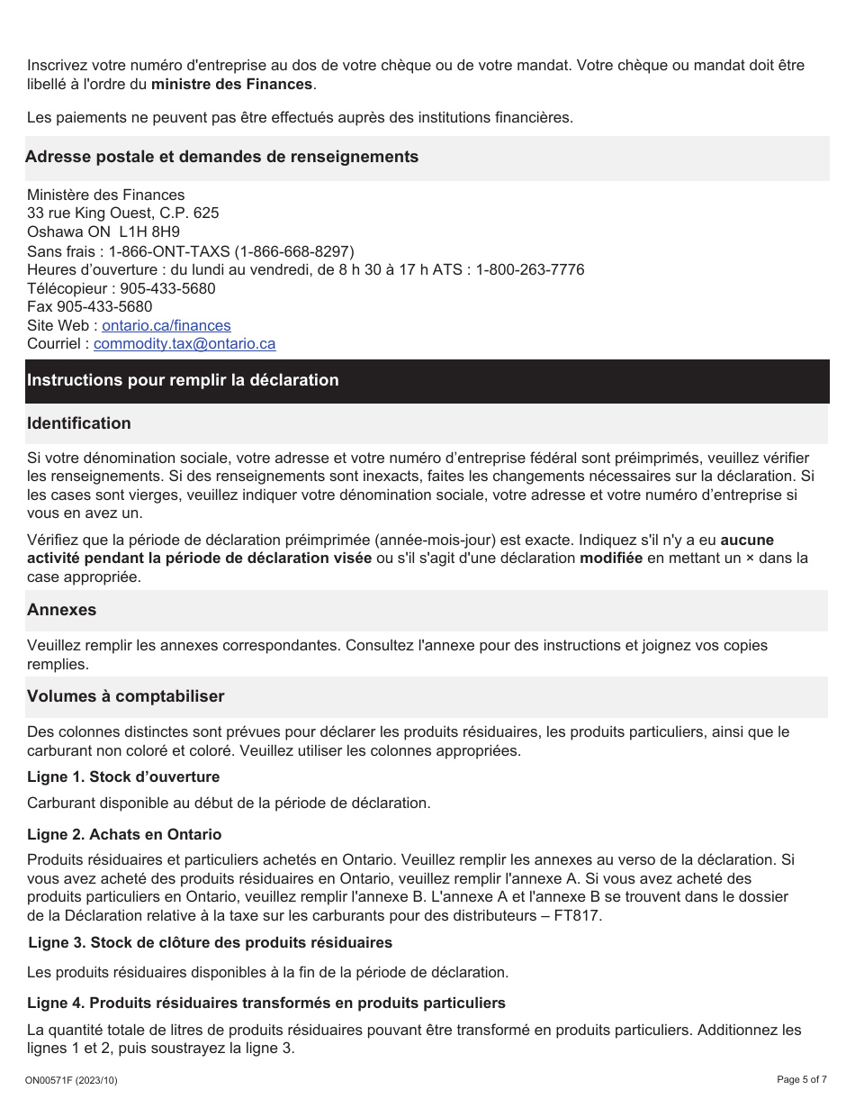 Instruction pour Forme FT817, ON00571F Declaration Relative a La Taxe Sur Les Carburants Pour Les Distributeurs - Ontario, Canada (French), Page 5