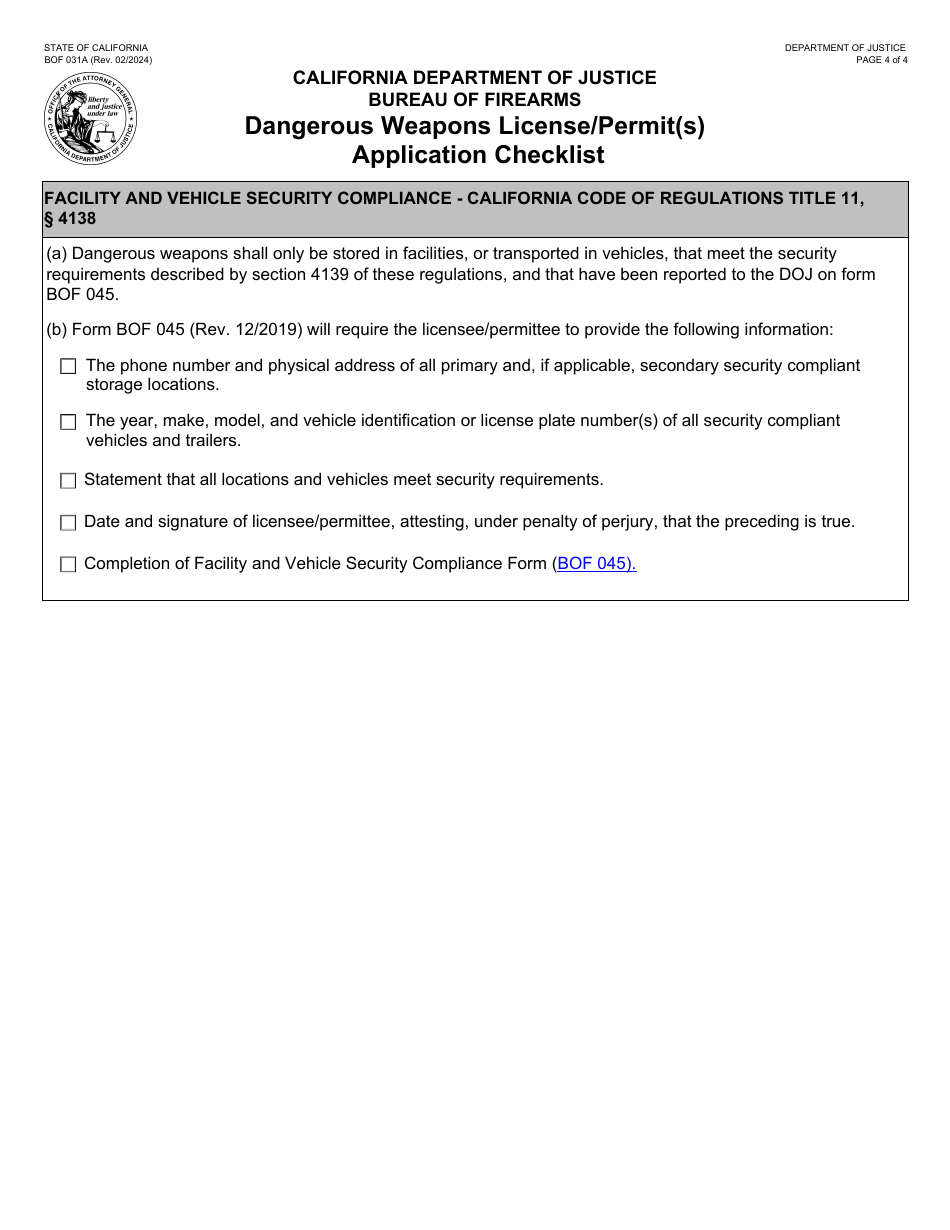 Form BOF031A Dangerous Weapons License / Permit(S) Application Checklist - California, Page 4