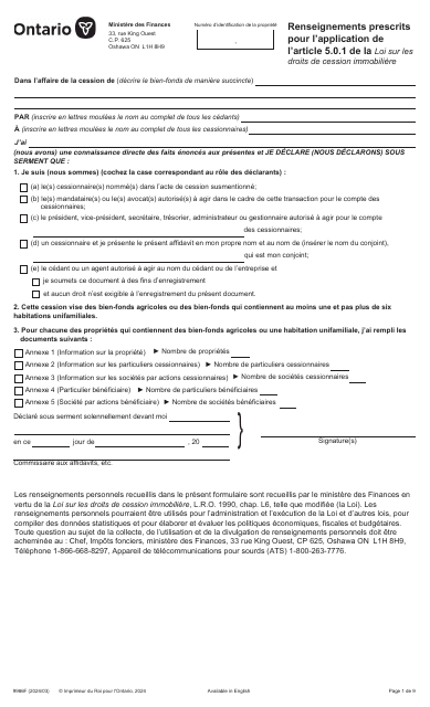 Forme 9986F Renseignements Prescrits Pour L'application De L'article 5.0.1 De La Loi Sur Les Droits De Cession Immobiliere - Ontario, Canada (French)