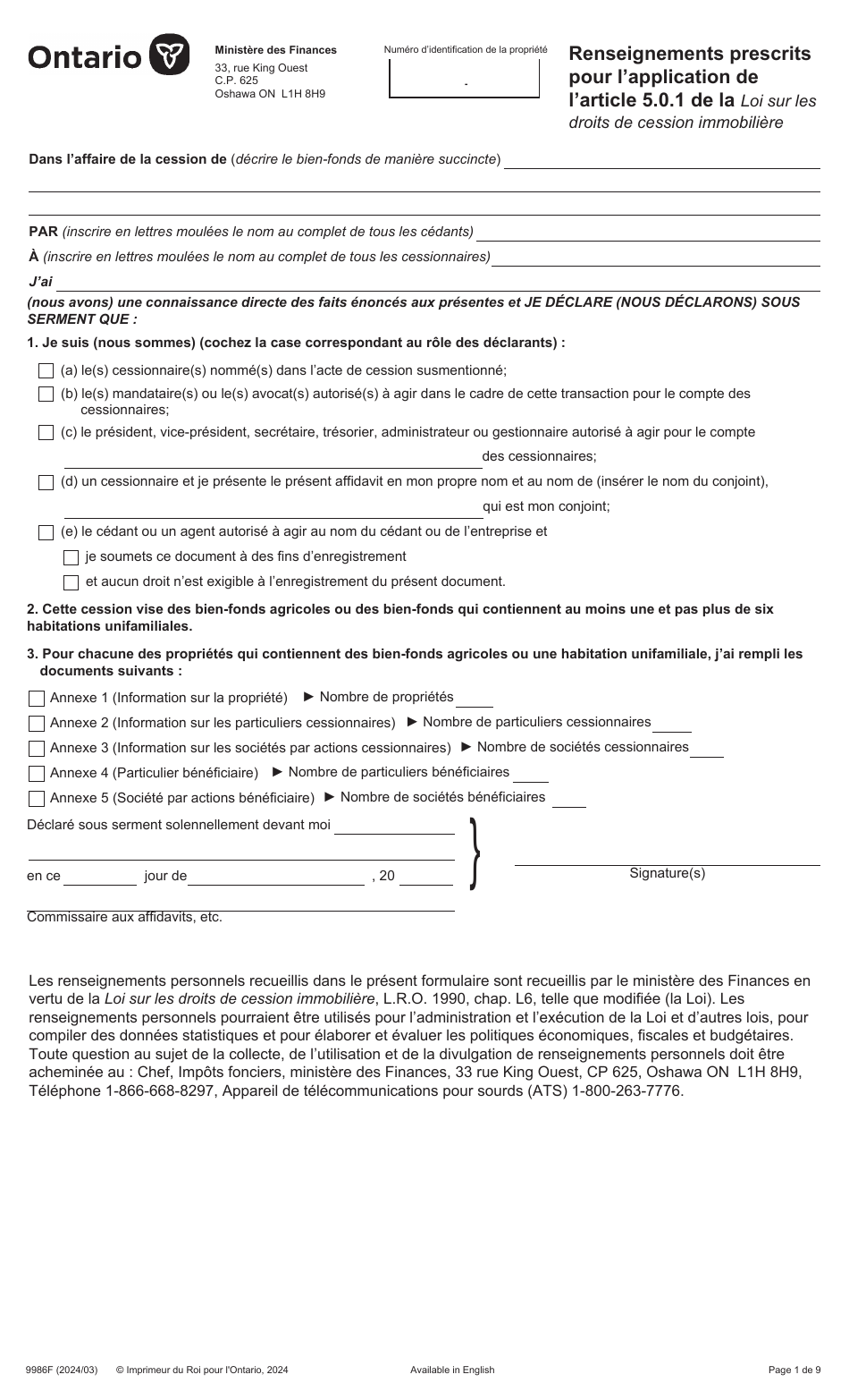 Forme 9986F Renseignements Prescrits Pour Lapplication De Larticle 5.0.1 De La Loi Sur Les Droits De Cession Immobiliere - Ontario, Canada (French), Page 1