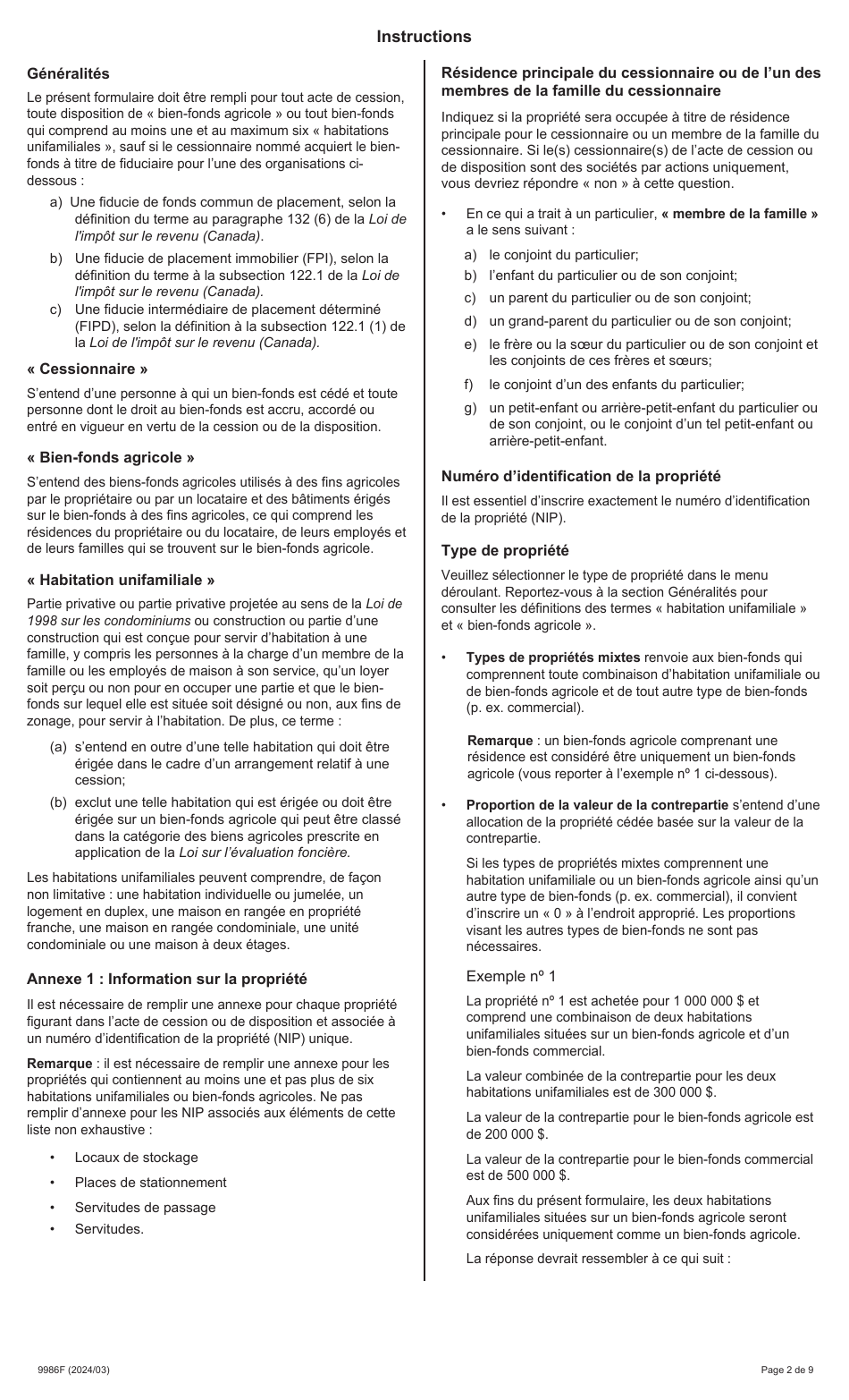 Forme 9986F Renseignements Prescrits Pour Lapplication De Larticle 5.0.1 De La Loi Sur Les Droits De Cession Immobiliere - Ontario, Canada (French), Page 2