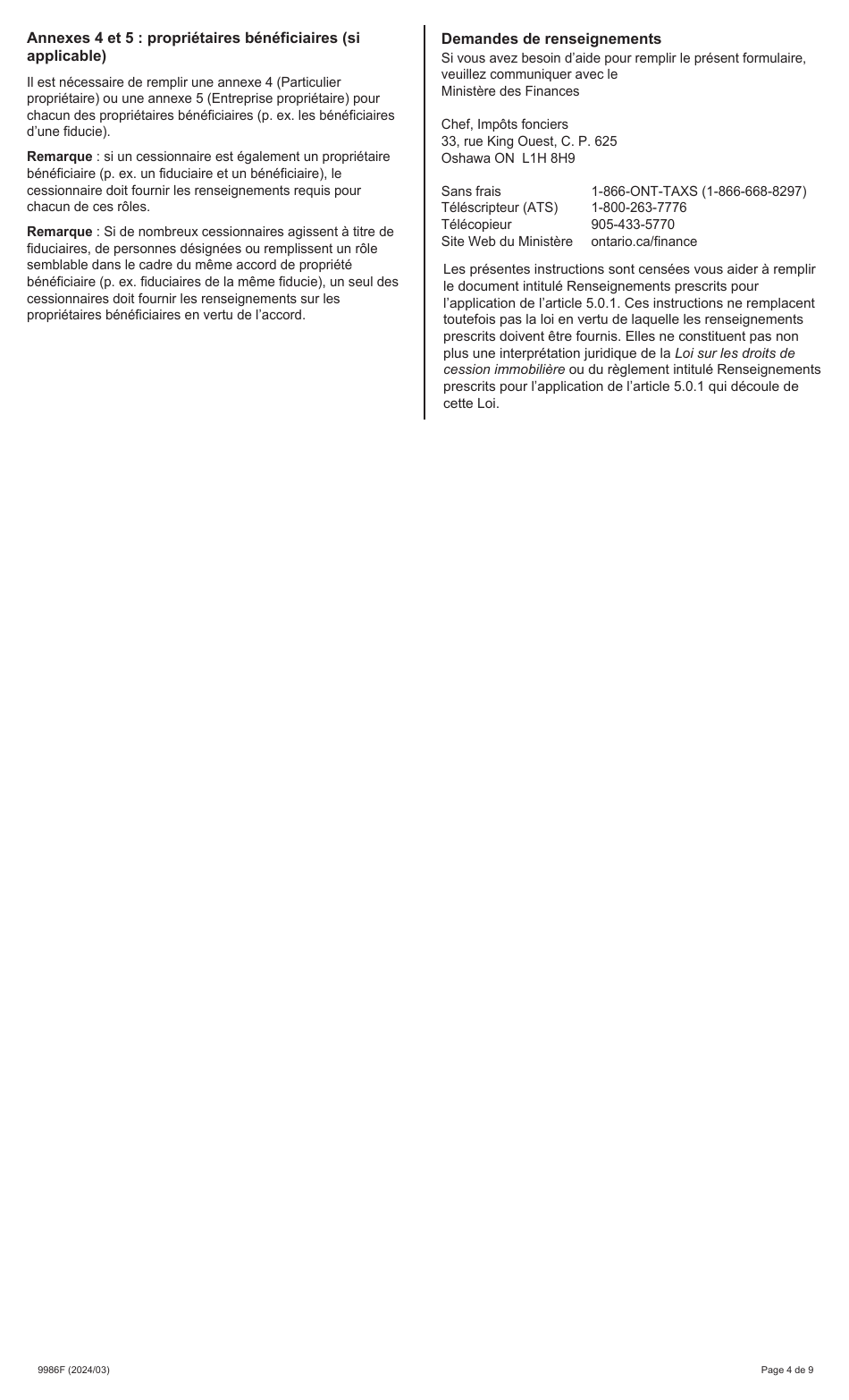 Forme 9986F Renseignements Prescrits Pour Lapplication De Larticle 5.0.1 De La Loi Sur Les Droits De Cession Immobiliere - Ontario, Canada (French), Page 4