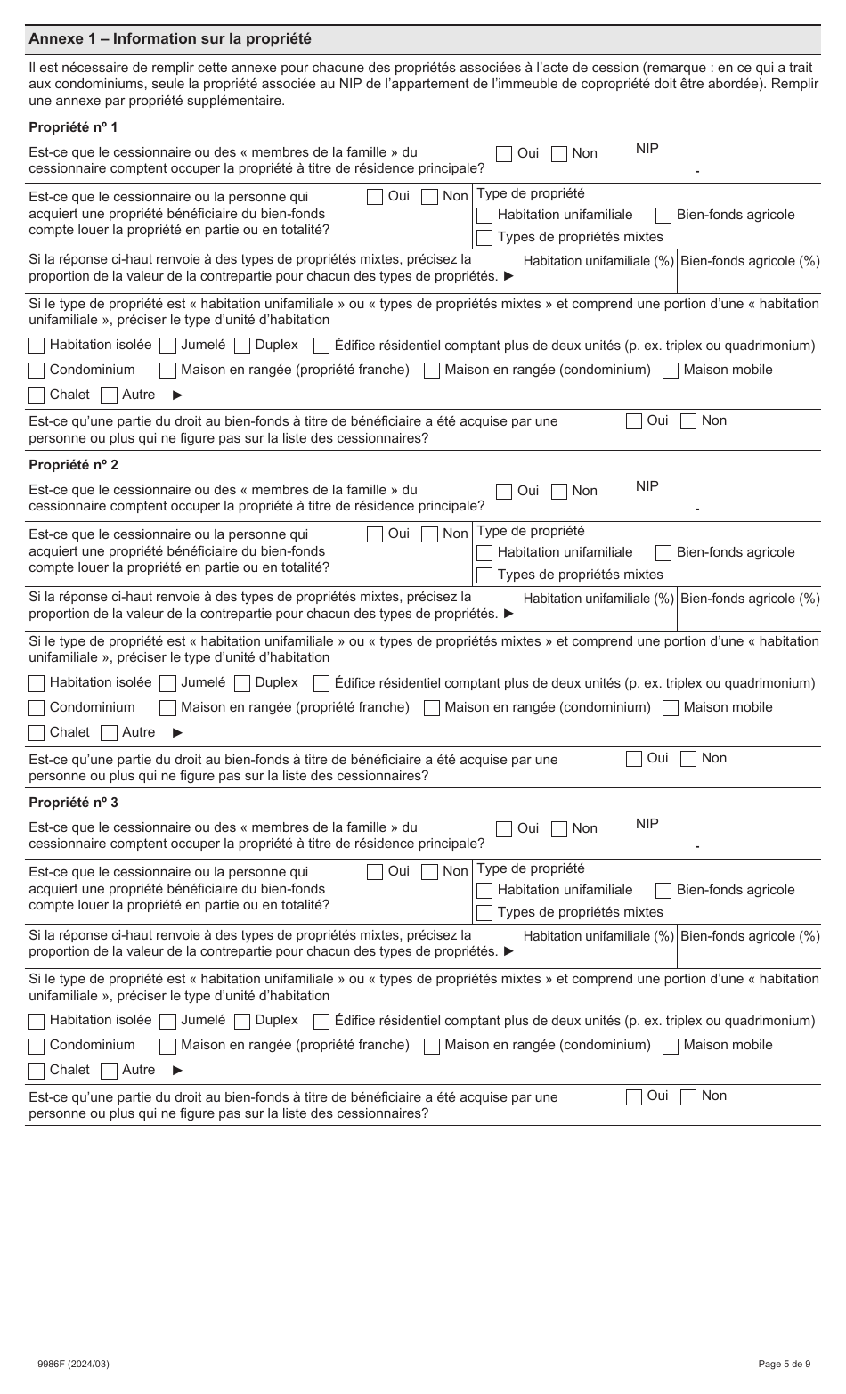 Forme 9986F Renseignements Prescrits Pour Lapplication De Larticle 5.0.1 De La Loi Sur Les Droits De Cession Immobiliere - Ontario, Canada (French), Page 5