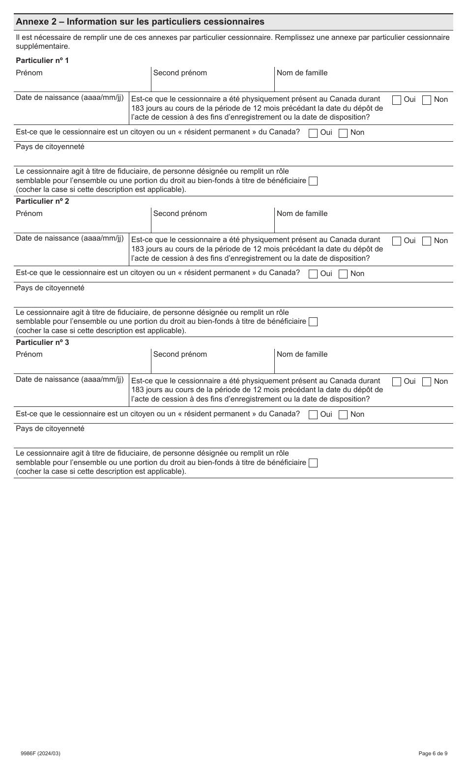 Forme 9986F Renseignements Prescrits Pour Lapplication De Larticle 5.0.1 De La Loi Sur Les Droits De Cession Immobiliere - Ontario, Canada (French), Page 6