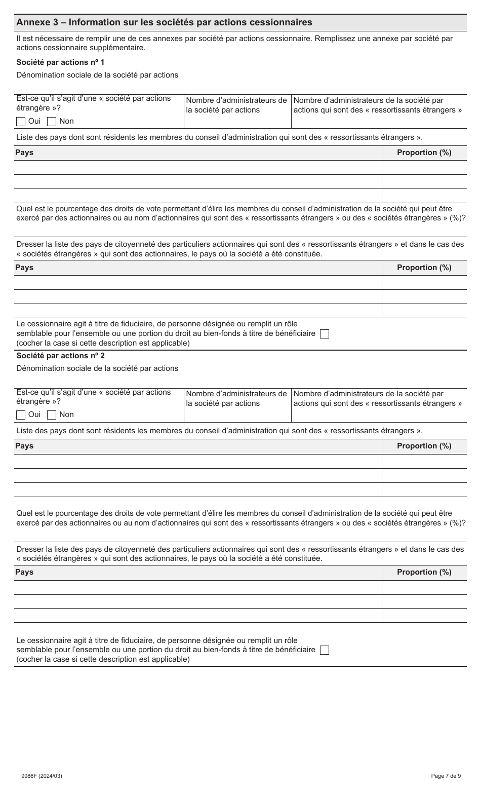 Forme 9986F Renseignements Prescrits Pour Lapplication De Larticle 5.0.1 De La Loi Sur Les Droits De Cession Immobiliere - Ontario, Canada (French), Page 7