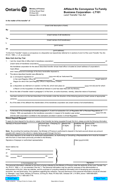 Form LT101 (1206E) Affidavit Re Conveyance to Family Business Corporation - Ontario, Canada