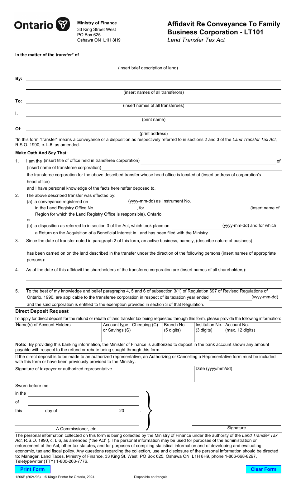 Form LT101 (1206E) Affidavit Re Conveyance to Family Business Corporation - Ontario, Canada, Page 1