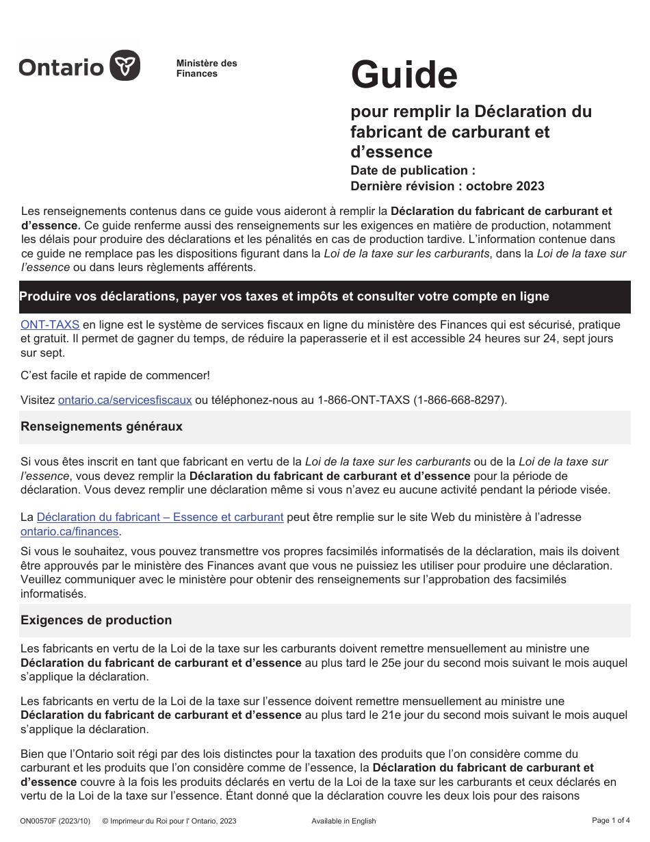 Instruction pour Forme 2448F Declaration De Fabricant - Essence Et Carburant - Ontario, Canada (French), Page 1