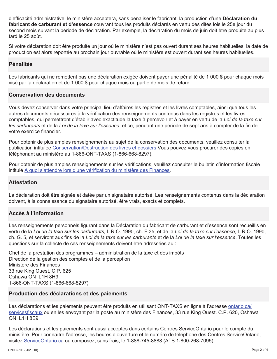 Instruction pour Forme 2448F Declaration De Fabricant - Essence Et Carburant - Ontario, Canada (French), Page 2