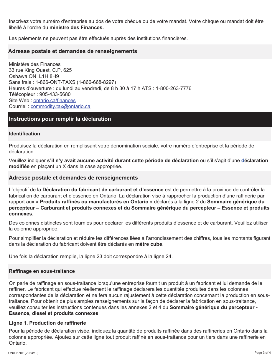 Instruction pour Forme 2448F Declaration De Fabricant - Essence Et Carburant - Ontario, Canada (French), Page 3
