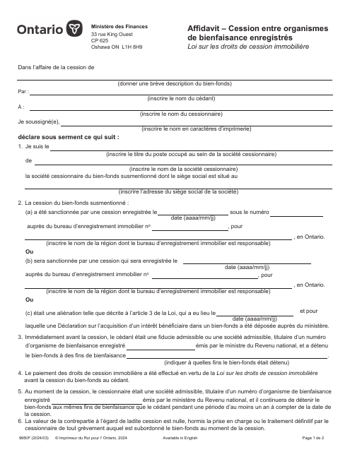 Forme 9950F Affidavit - Cession Entre Organismes De Bienfaisance Enregistres - Ontario, Canada (French)