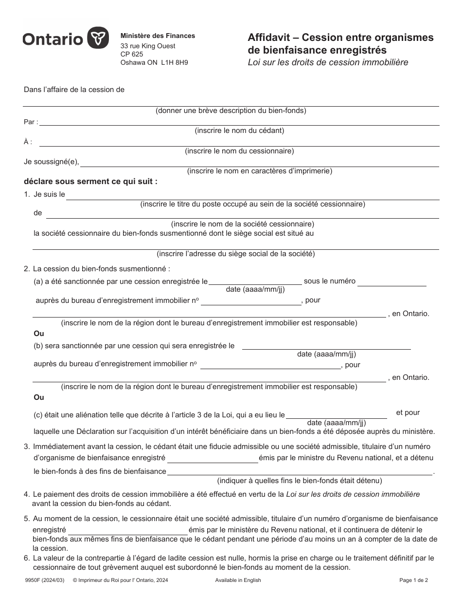 Forme 9950F Affidavit - Cession Entre Organismes De Bienfaisance Enregistres - Ontario, Canada (French), Page 1