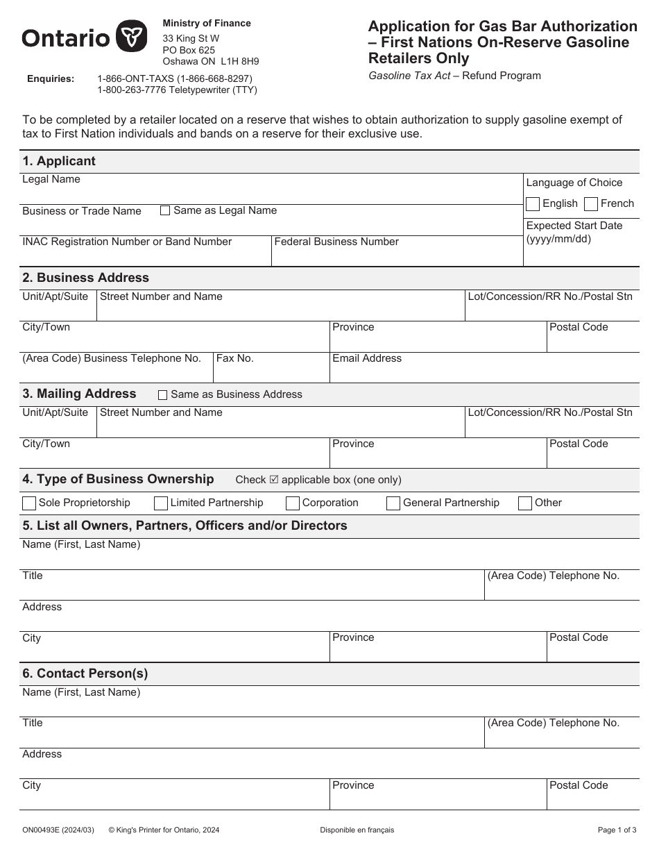Form ON00493E Application for Gas Bar Authorization - First Nations on-Reserve Gasoline Retailers Only - Ontario, Canada, Page 1