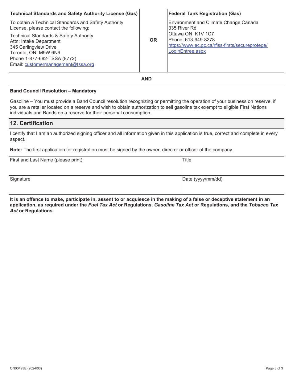 Form ON00493E Application for Gas Bar Authorization - First Nations on-Reserve Gasoline Retailers Only - Ontario, Canada, Page 3