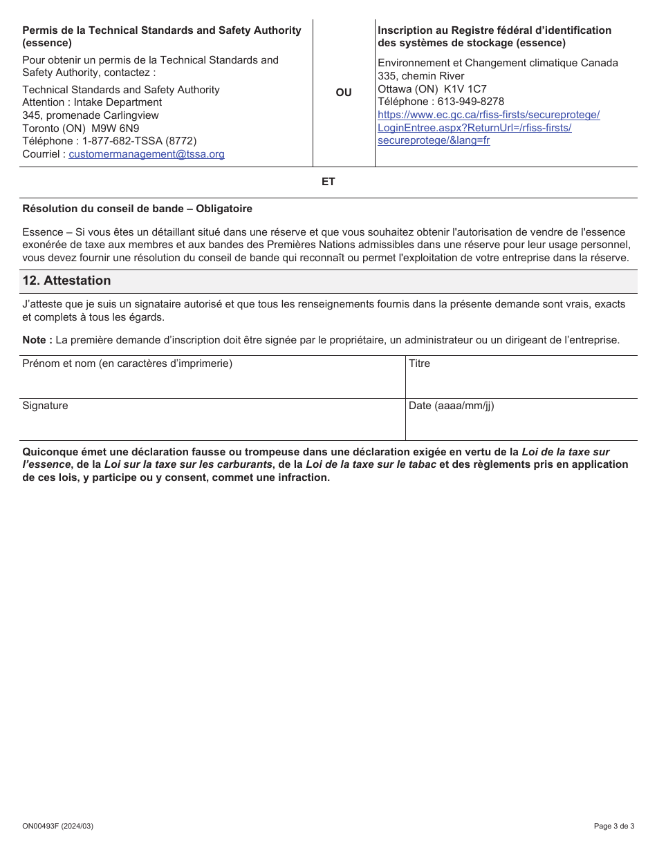 Forme ON00493F Demande Dautorisation Pour Un Poste Dessence - Detaillants Dessence DES Premieres Nations Dans Les Reserves Seulement - Ontario, Canada (French), Page 3