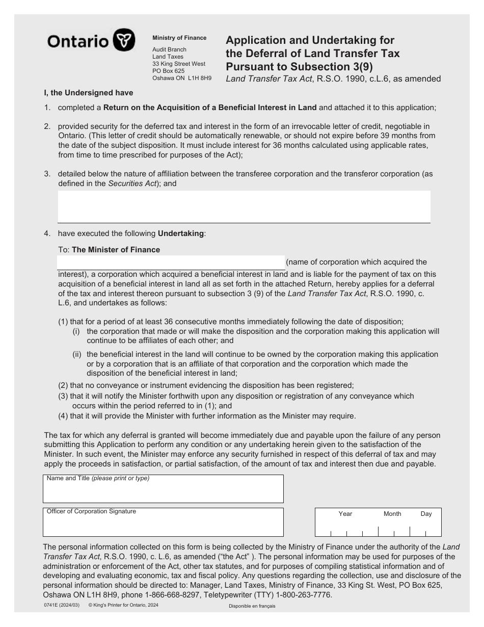 Form 0741E Application and Undertaking for the Deferral of Land Transfer Tax Pursuant to Subsection 3(9) - Ontario, Canada, Page 1