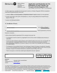 Document preview: Form 0276E Application and Declaration for the Exemption of Land Transfer Tax Pursuant to Ontario Regulation 70/91 - Ontario, Canada