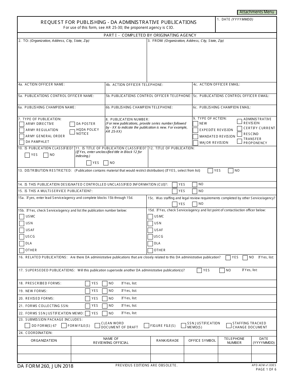 DA Form 260 Request for Publishing - DA Administrative Publications, Page 1