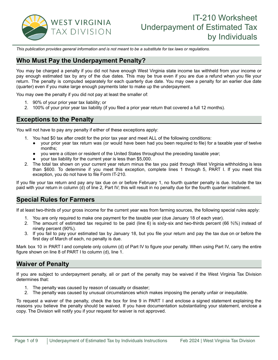 Form IT-210 Underpayment of Estimated Tax by Individuals Worksheet - West Virginia, Page 1